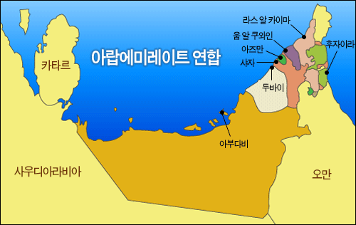 7개의 에미레이트  아랍에미레이트연합 대부분의 지역이 아부다비 에미레이트이고 그 위편으로 조그만 아부다비시(섬)가 보인다. 반면 두바이를 비롯 나머지 에미레이트는 도시와 에미레이트간 구분이 모호할 정도로 도시 자체가 에미레이트를 대표하는 양상이다. 